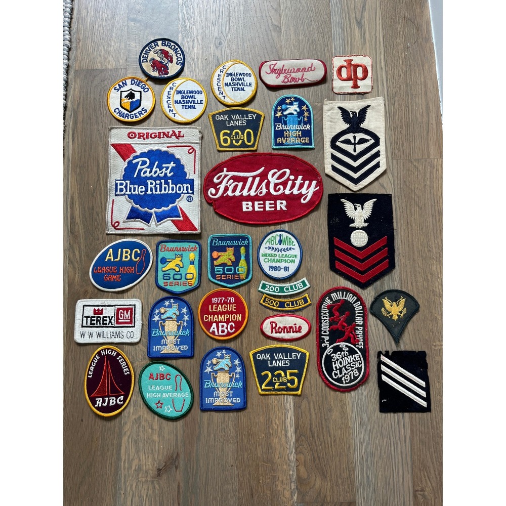 Lot of 29 Vintage Sew On Patches 1970's Beer Bowling Military NFL PBR Falls City